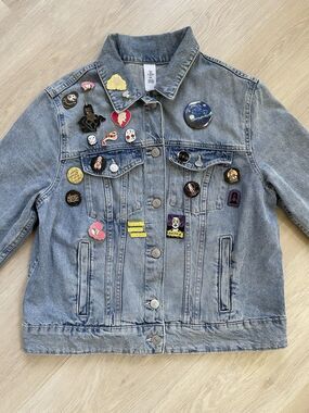 H&M Blue Button Jacket Pins Lightweight Casual Short Long Sleeve US 14